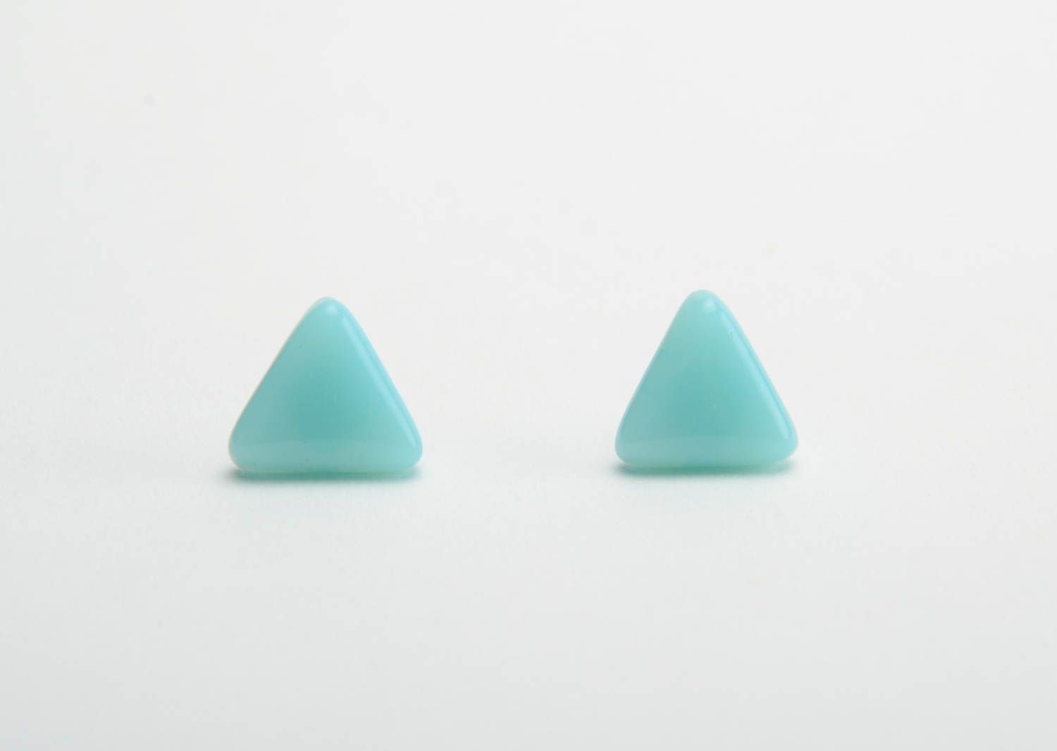 Turquoise color earrings small fusing glass triangular studs handmade accessory photo 5