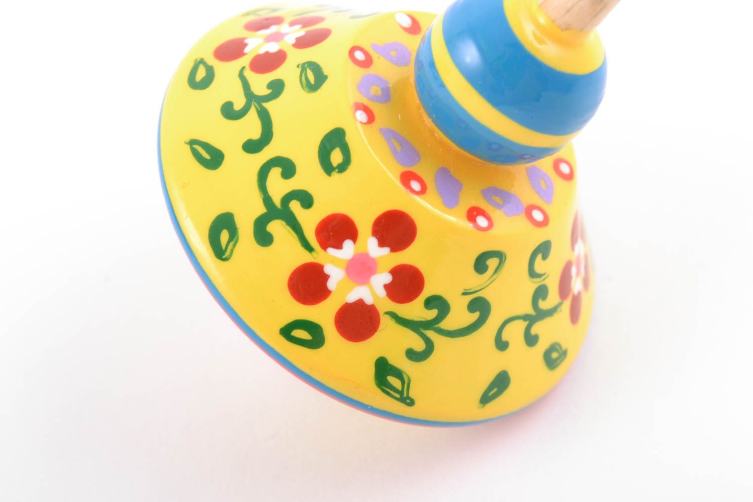 Wooden yellow handmade spinning top toy painted with eco dyes for children  photo 5
