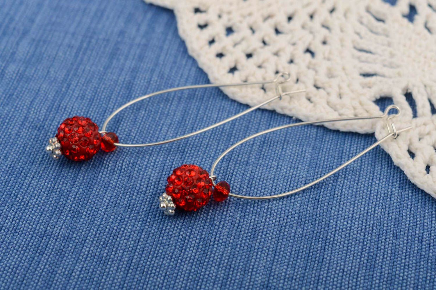 Handmade exquisite long dangle earrings with metal basis and red crystal beads photo 1