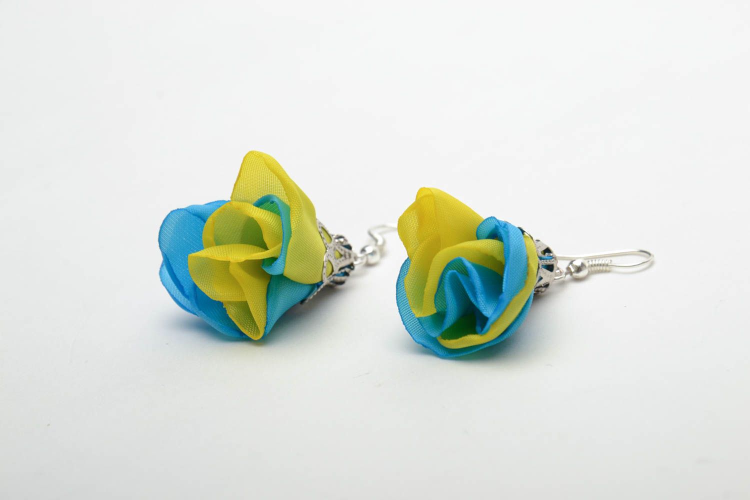 Satin ribbon earrings Yellow and Blue Flowers photo 4
