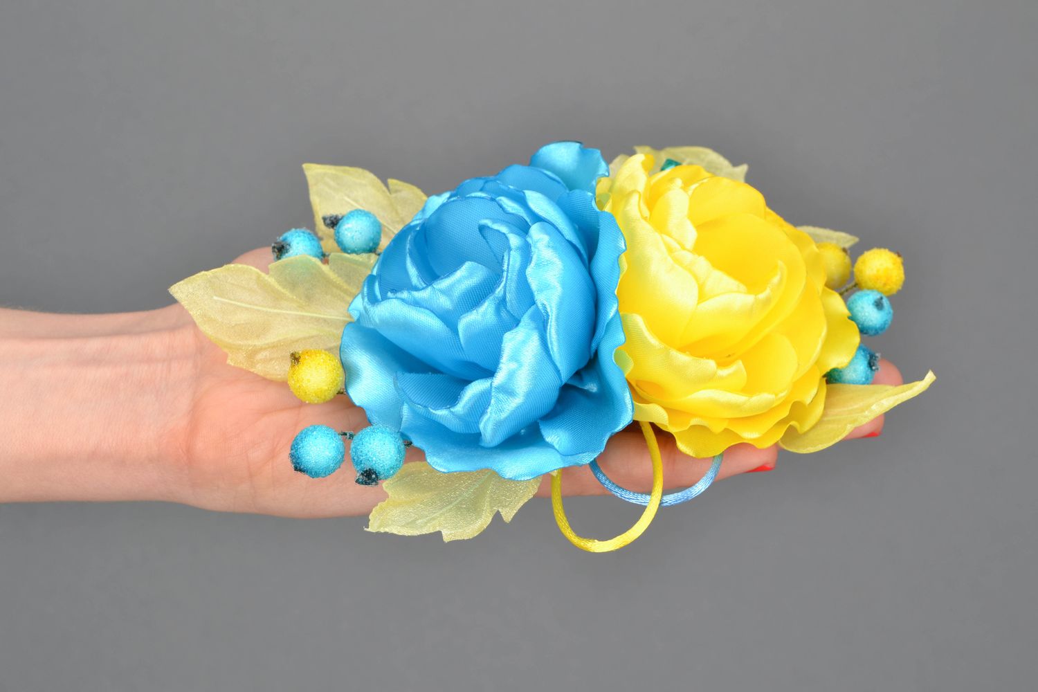 Satin brooch-hair pin Yellow and Blue Flower photo 2