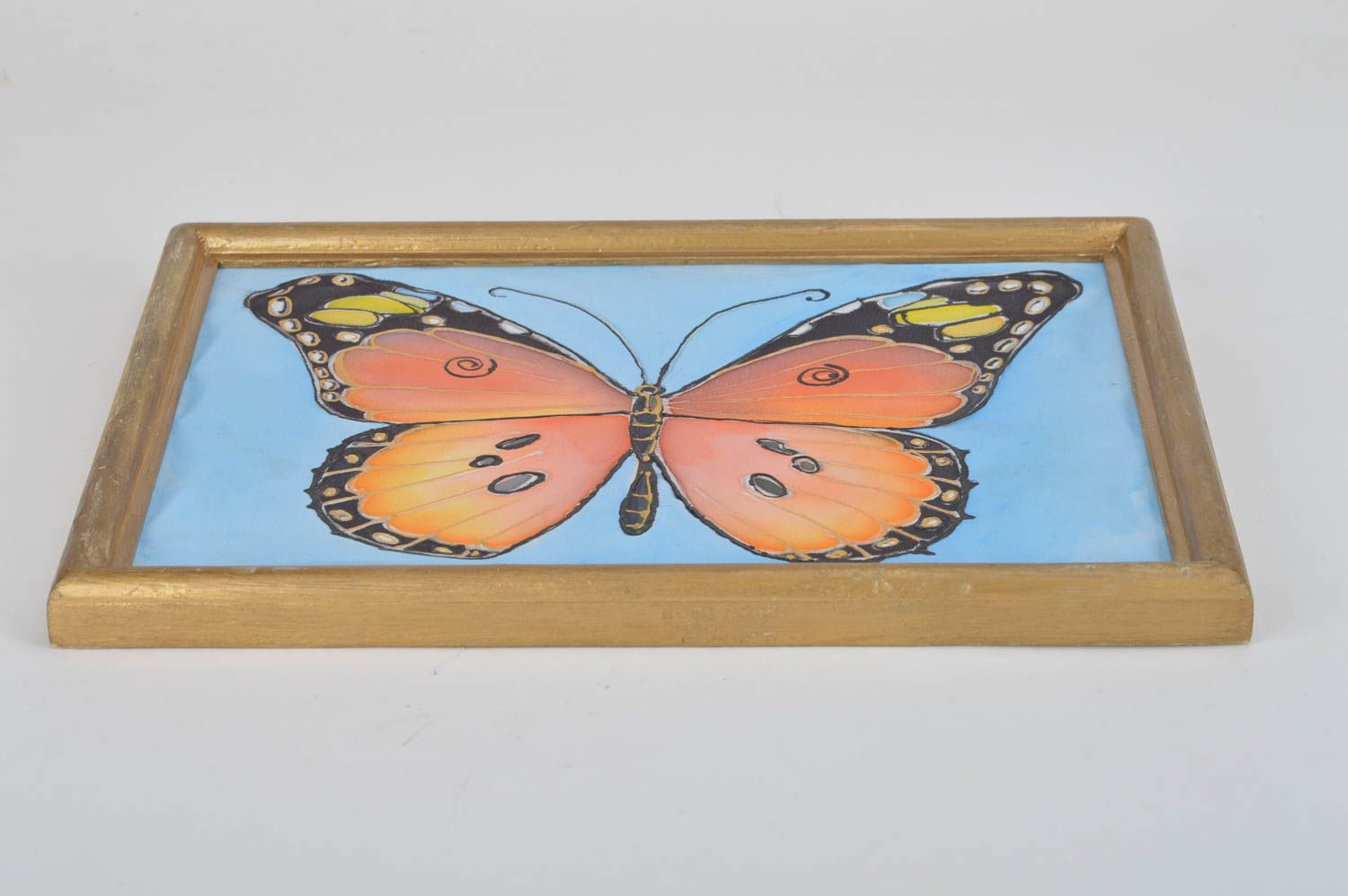 Tableau papillon orange sur tissu batik à froid cadre en bois fait main photo 1