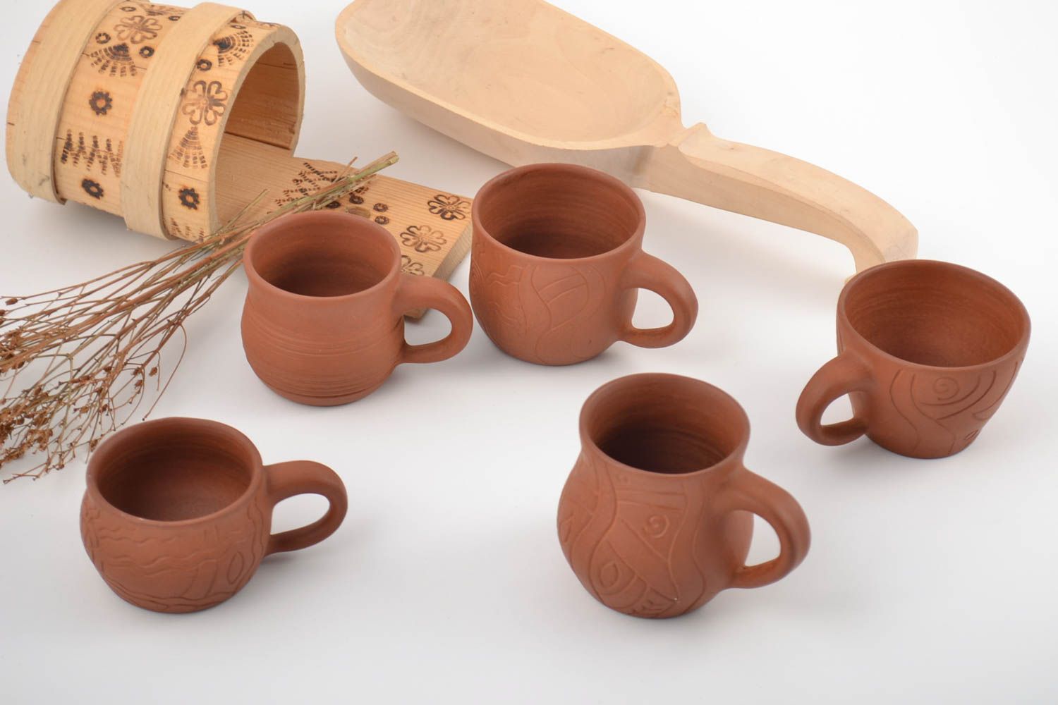 Set of 5 absolutely different terracotta color ceramic coffee mugs 3 oz each photo 1