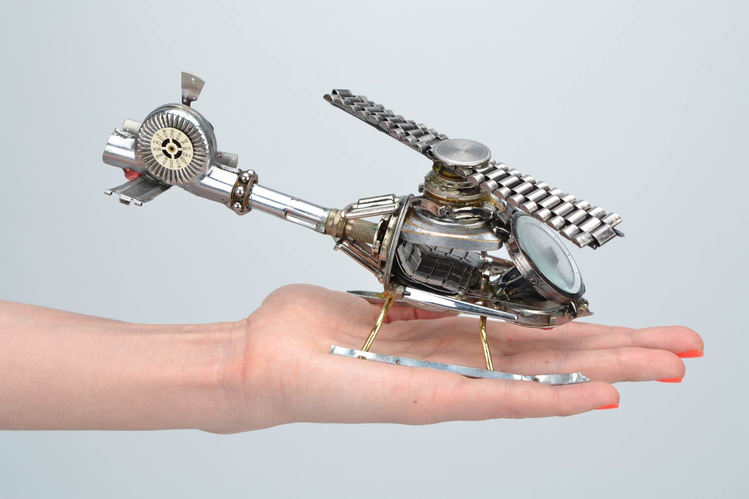 Handmade miniature steampunk metal figurines with clock mechanisms Helicopter photo 2