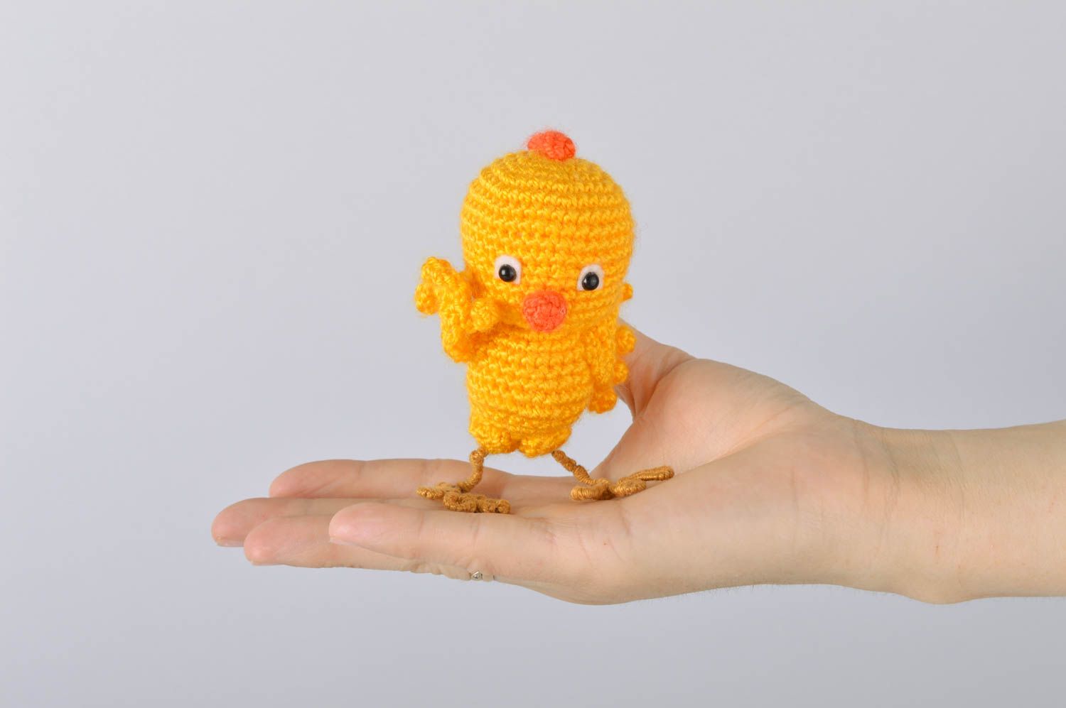 Handmade small funny soft toy crocheted of acrylic and cotton yellow chicken photo 5