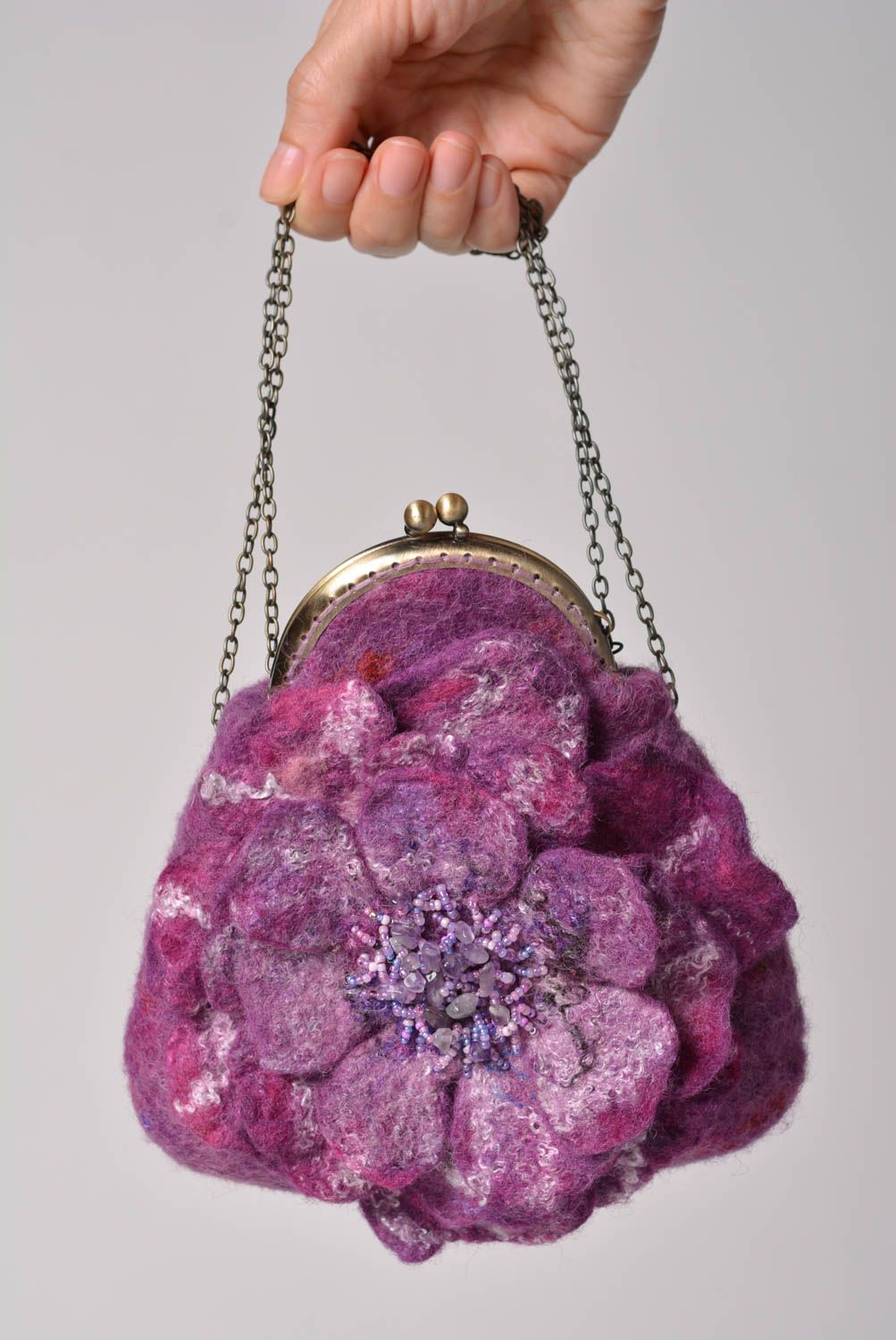Handmade designer violet clutch purse felted of wool with fermail and flower photo 3