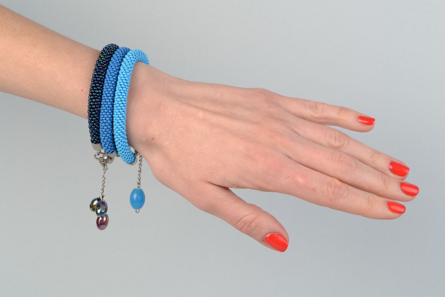 Set of 3 handmade beaded cord wrist bracelets in blue color shades for women photo 1