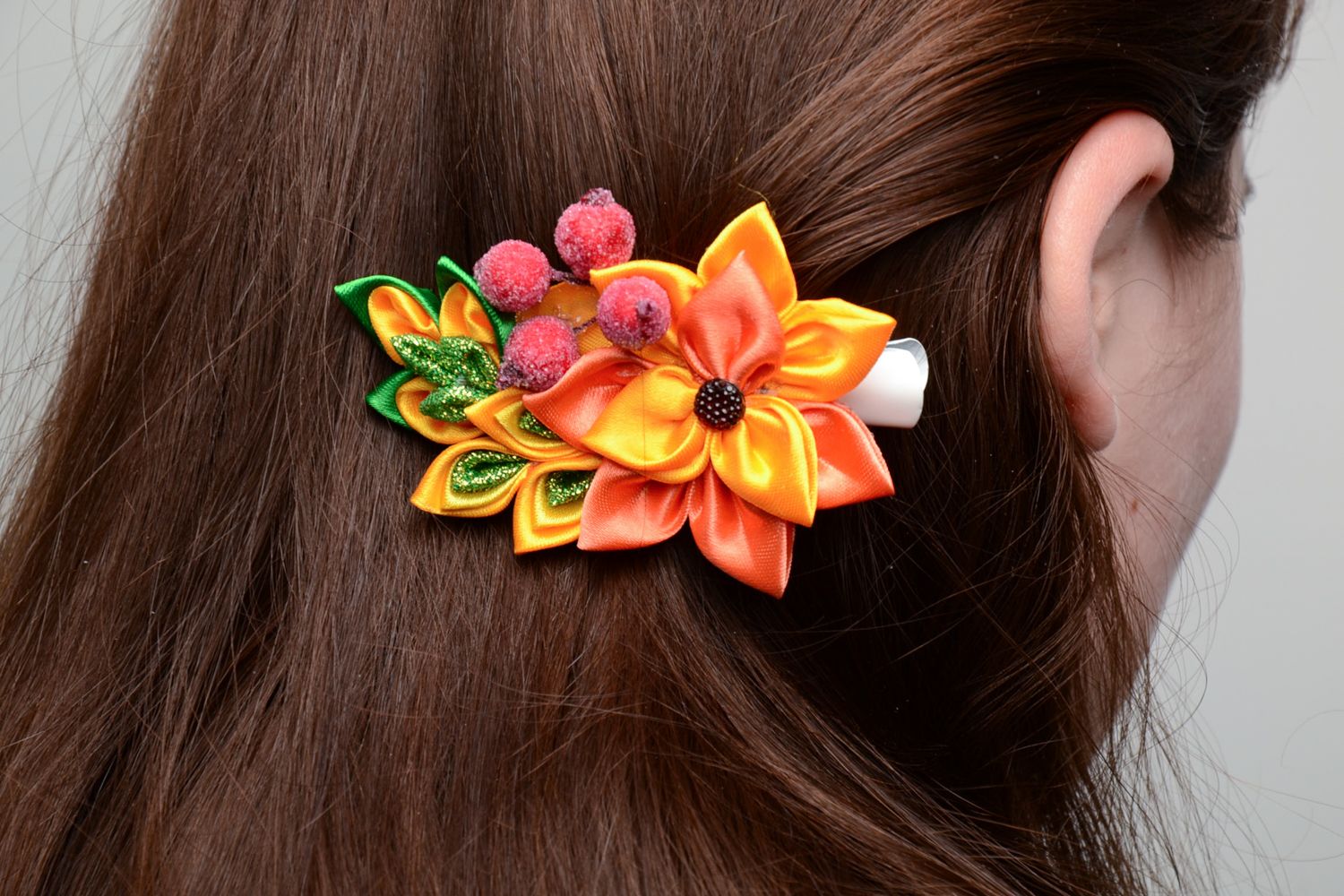 Pince à cheveux avec fleur en tissu orange faite main kanzashi pour femme photo 5