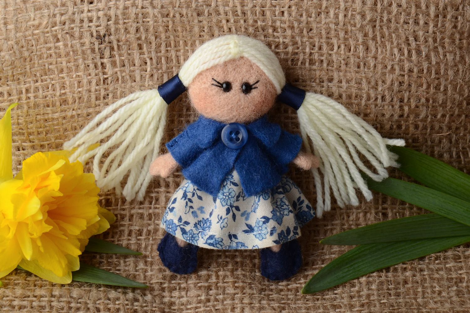 Handmade felted wool brooch toy Doll in Dress photo 1