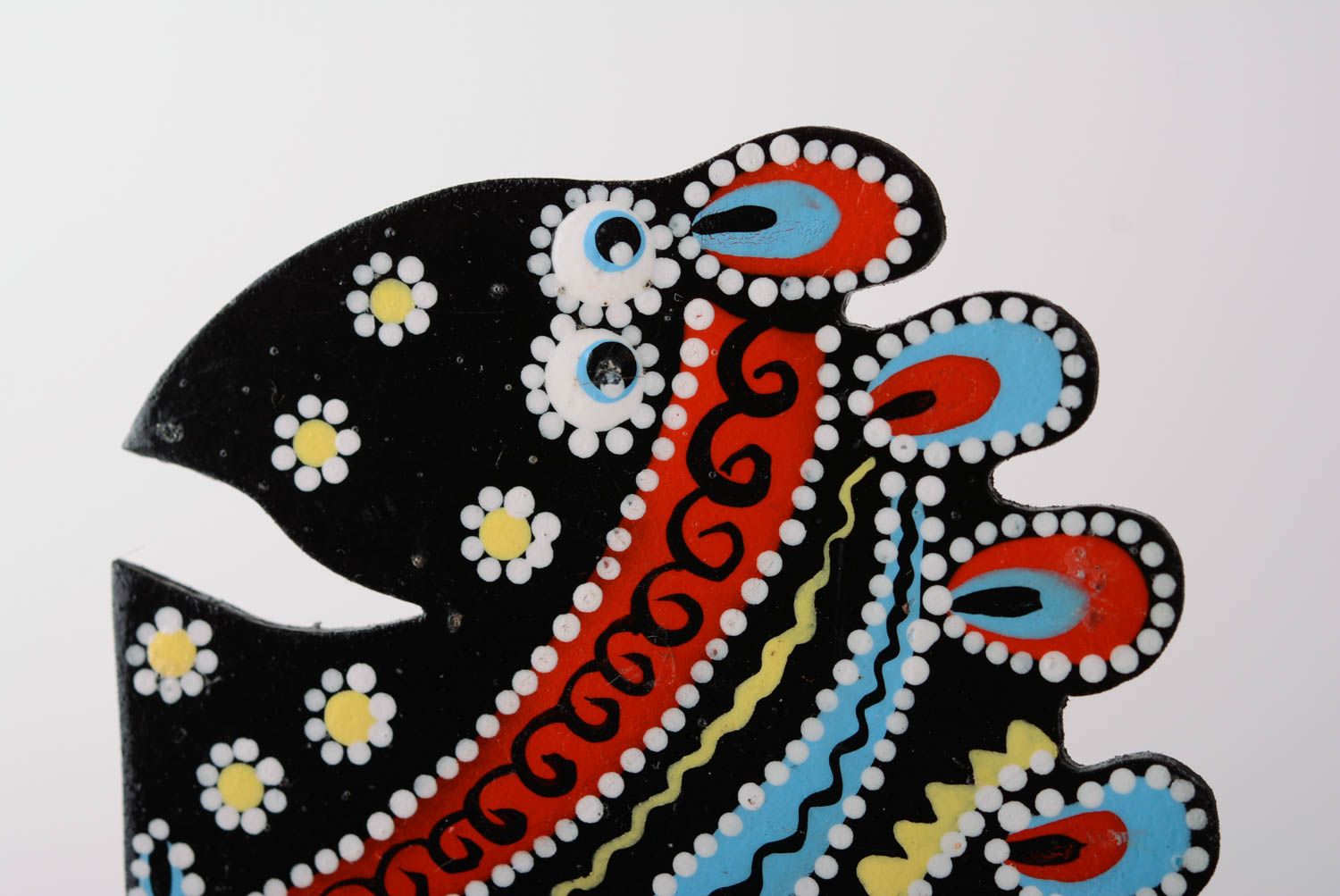 Handmade painted wood fiberboard fridge magnet black fish with bright ornament photo 3