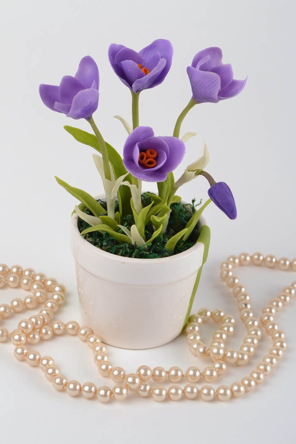 Handmade decorative crocus flower composition cold porcelain designer pot photo 1
