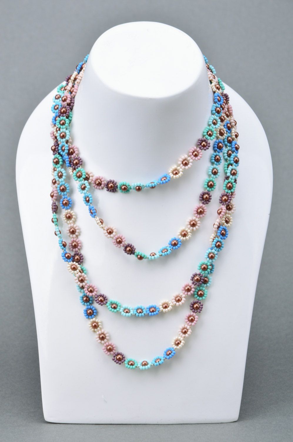 Unusual multi-colored handmade long beaded necklace for women photo 1