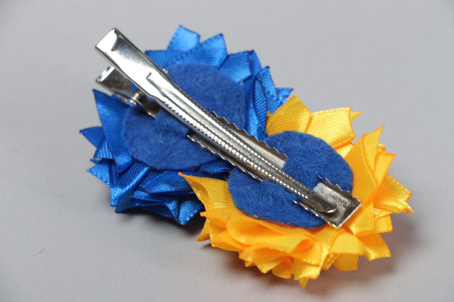 Handmade satin ribbons hair clip with volume yellow and blue flowers photo 4