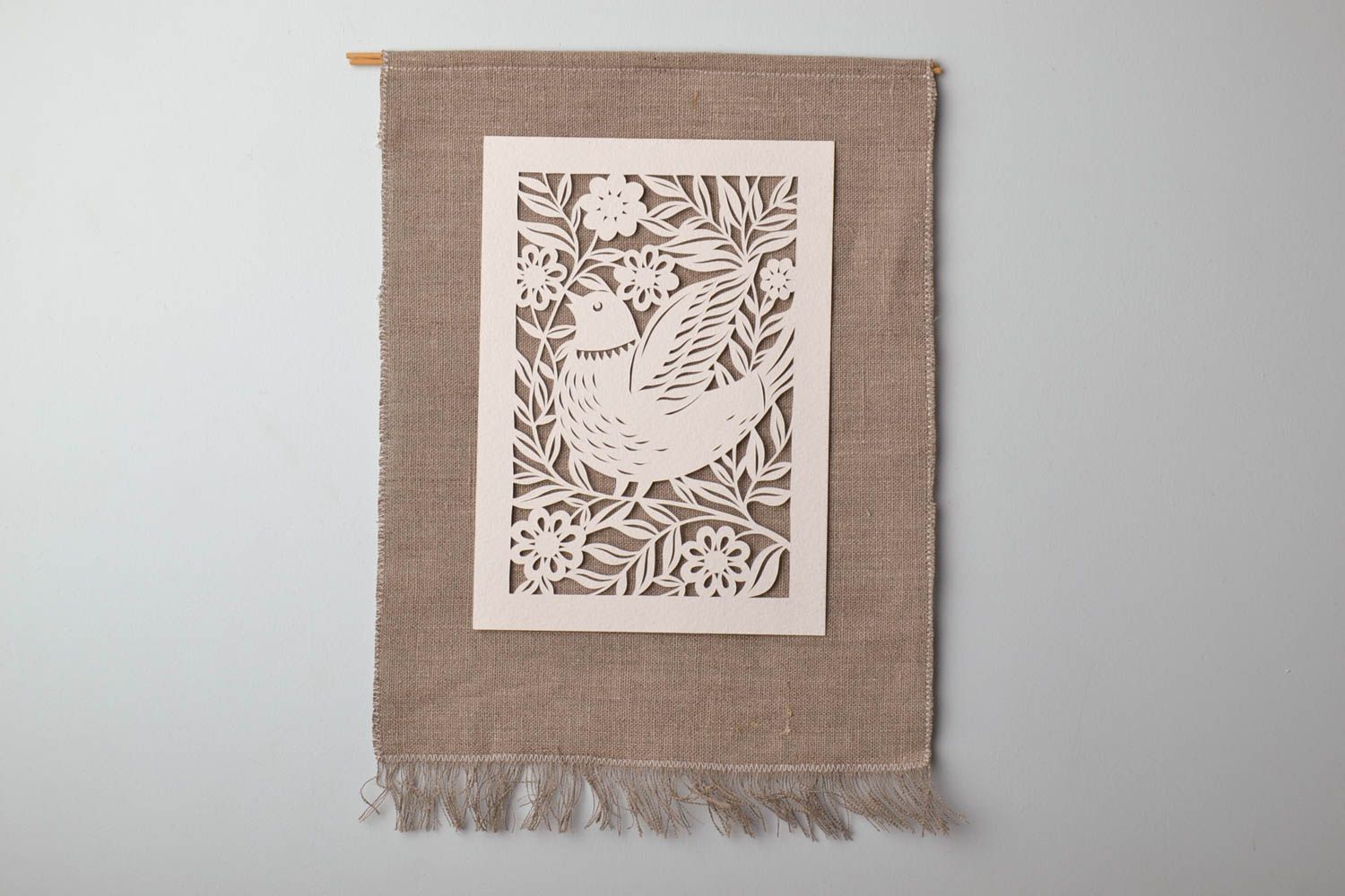 Natural linen and watercolor paper vytynanka panel Bird photo 1