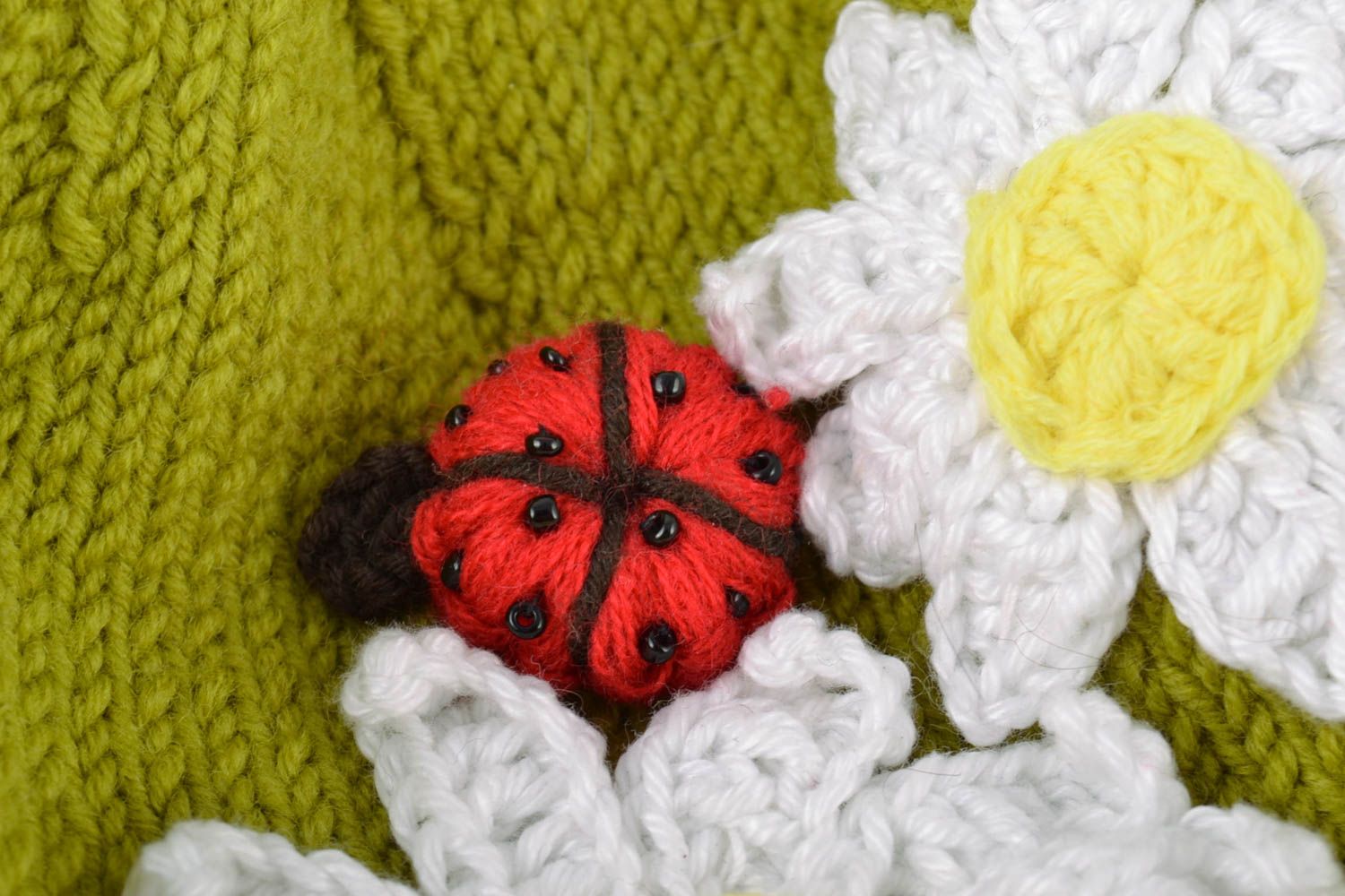 Handmade bright green hat knitted of cotton threads with chamomiles and ladybug photo 3