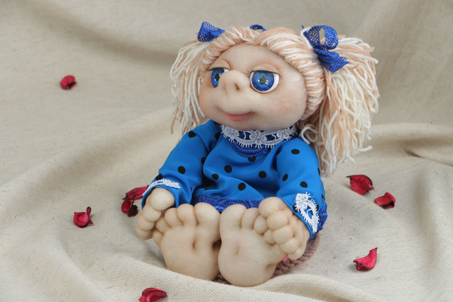 Handmade charming soft doll sewn of caprone Doll in blue dress for children photo 5