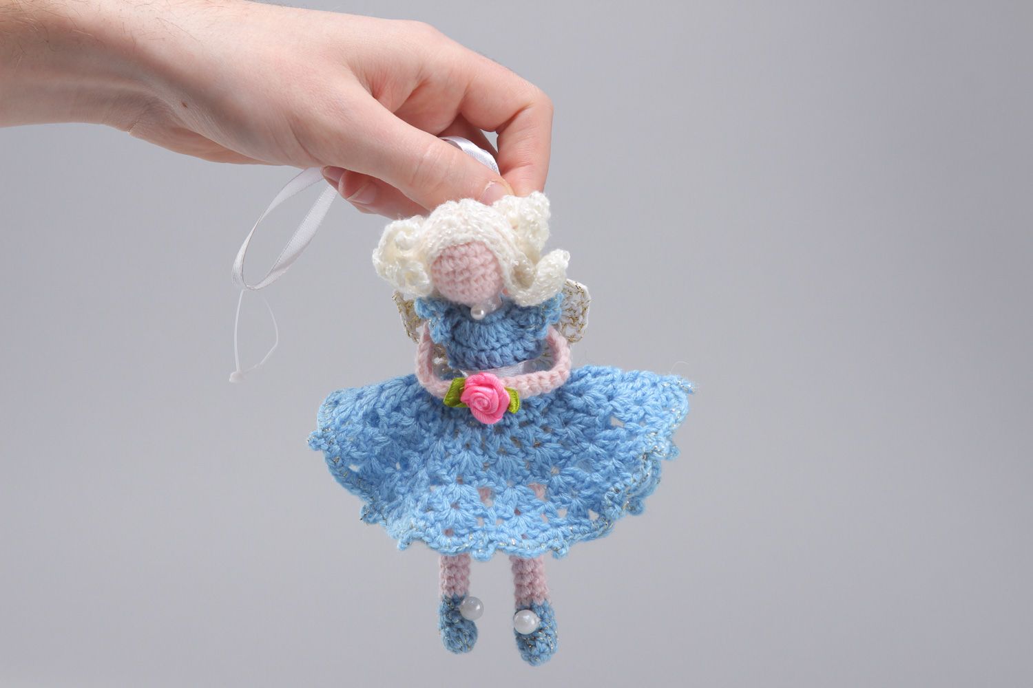 Small handmade soft toy crocheted of cotton and acrylics Girl in blue dress photo 3