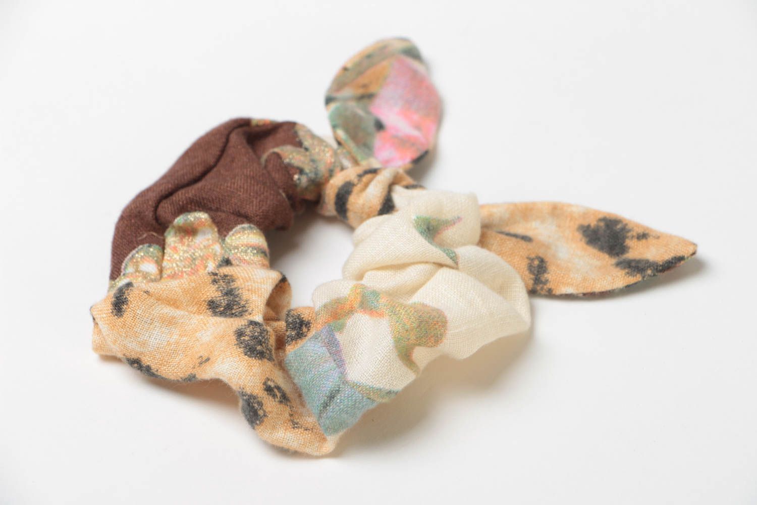 Handmade large volume decorative colorful linen fabric hair tie with dolly bow photo 3