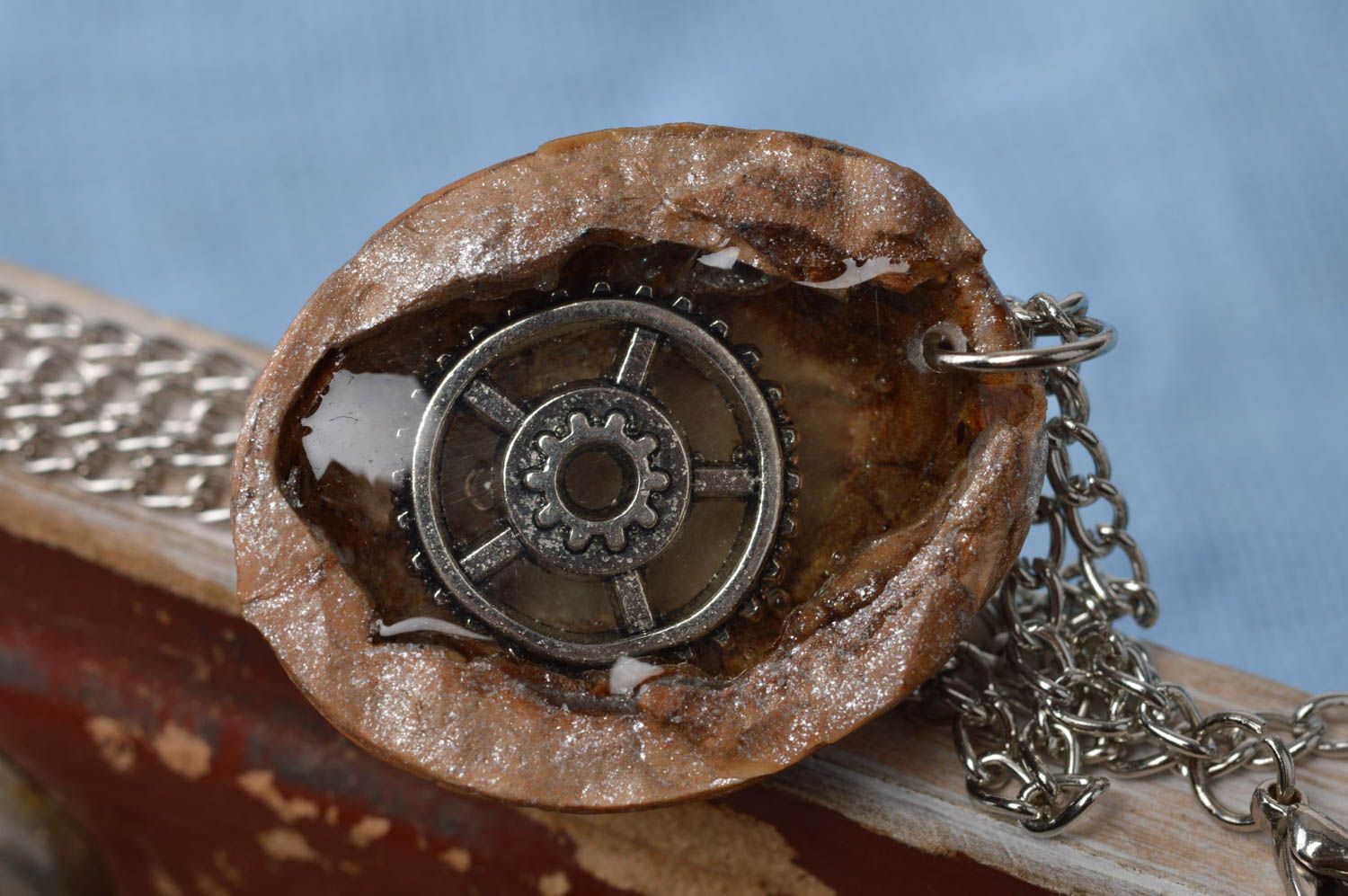 Handmade cute luminous unusual pendant made of nut with pinion on chain photo 5