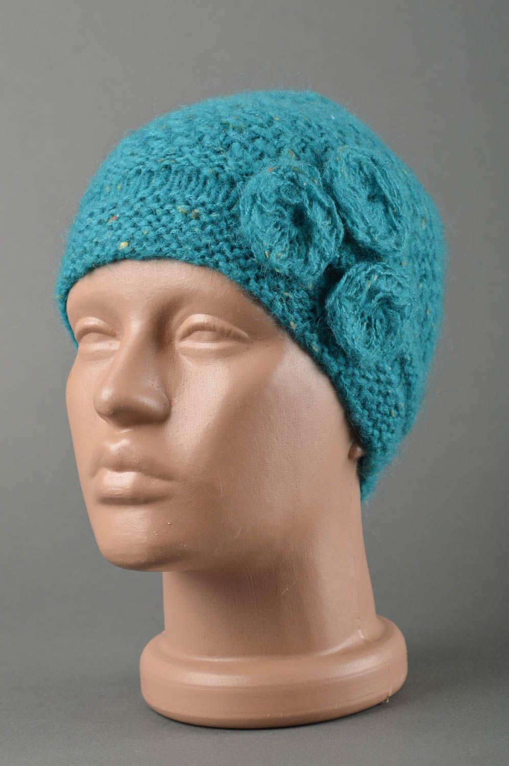 Bonnet chaud fait main Chapeau tricot au crochet chaud turquoise Vêtement enfant photo 1