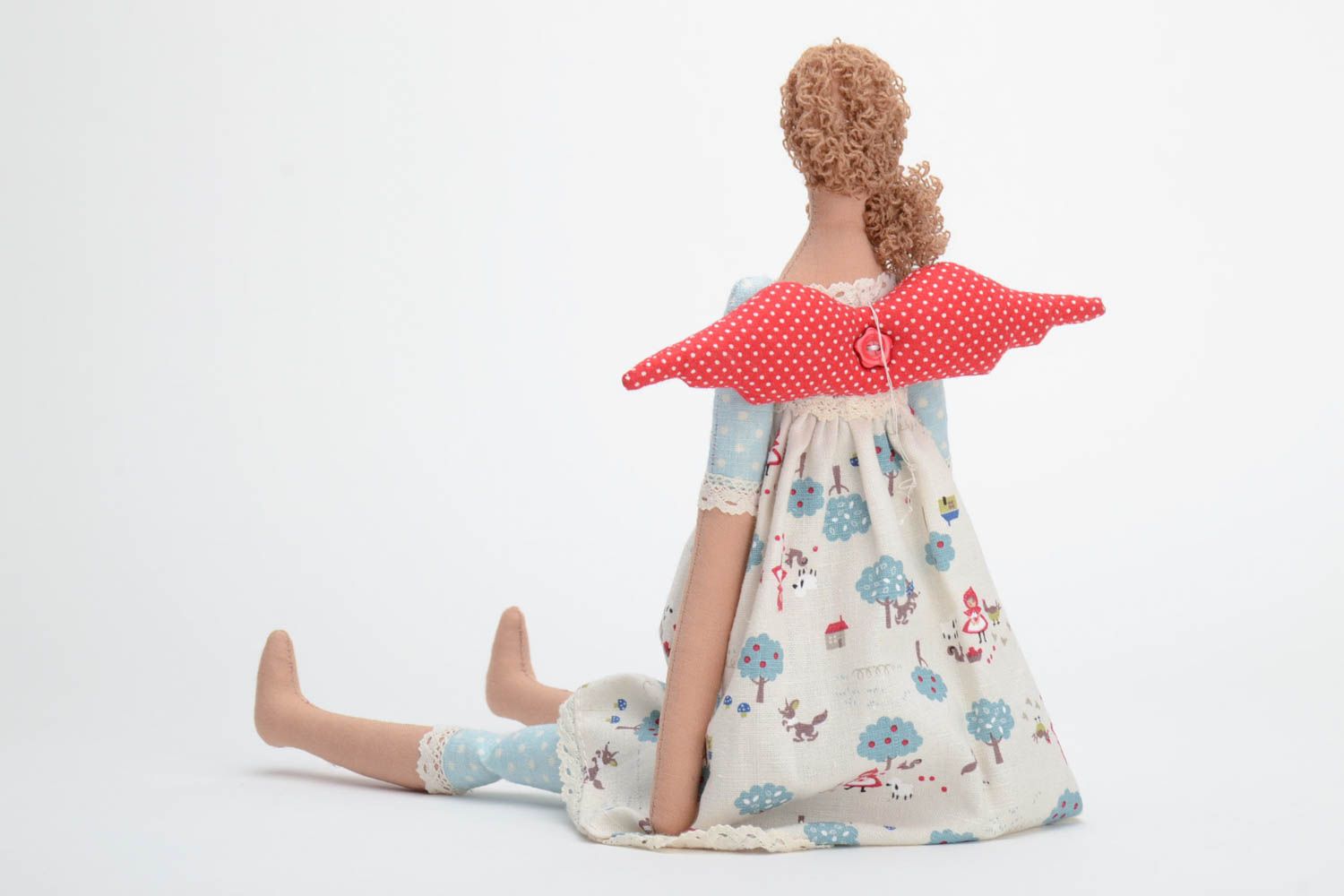 Handmade natural cotton fabric soft toy Fairy with curly hair red polka dot wings photo 4