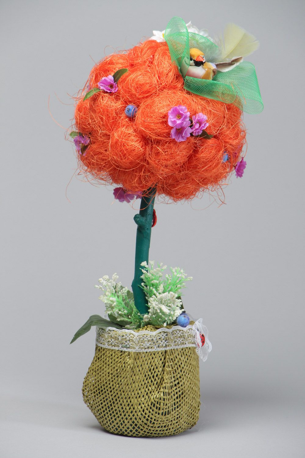 Handmade sisal topiary decorative tree of happiness with bird photo 2