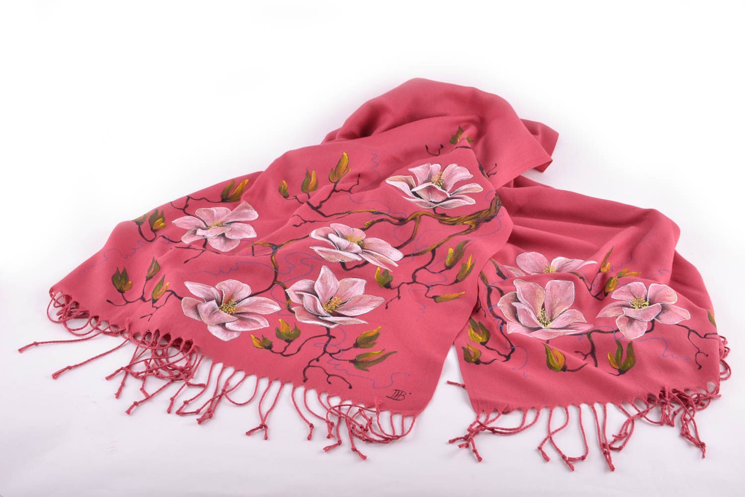 Pink cashmere scarf with painting photo 4
