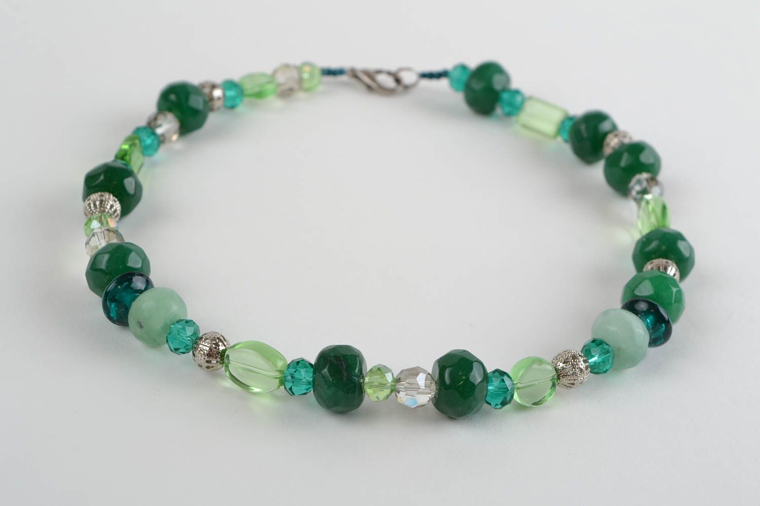 Unusual beautiful thin handmade glass bead necklace with natural stone green photo 5