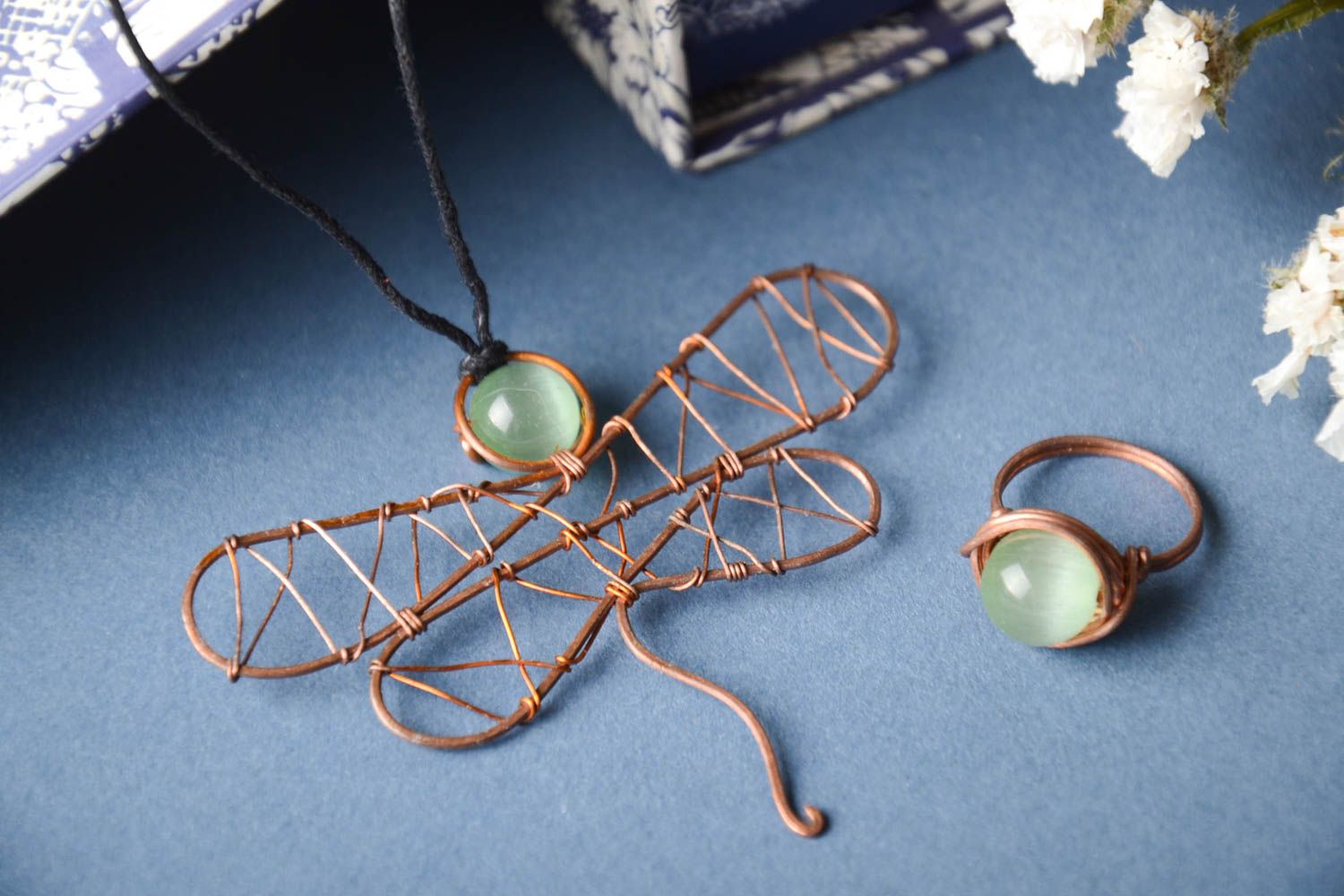 Unusual handmade metal ring metal pendant wire wrap ideas costume jewelry set photo 1