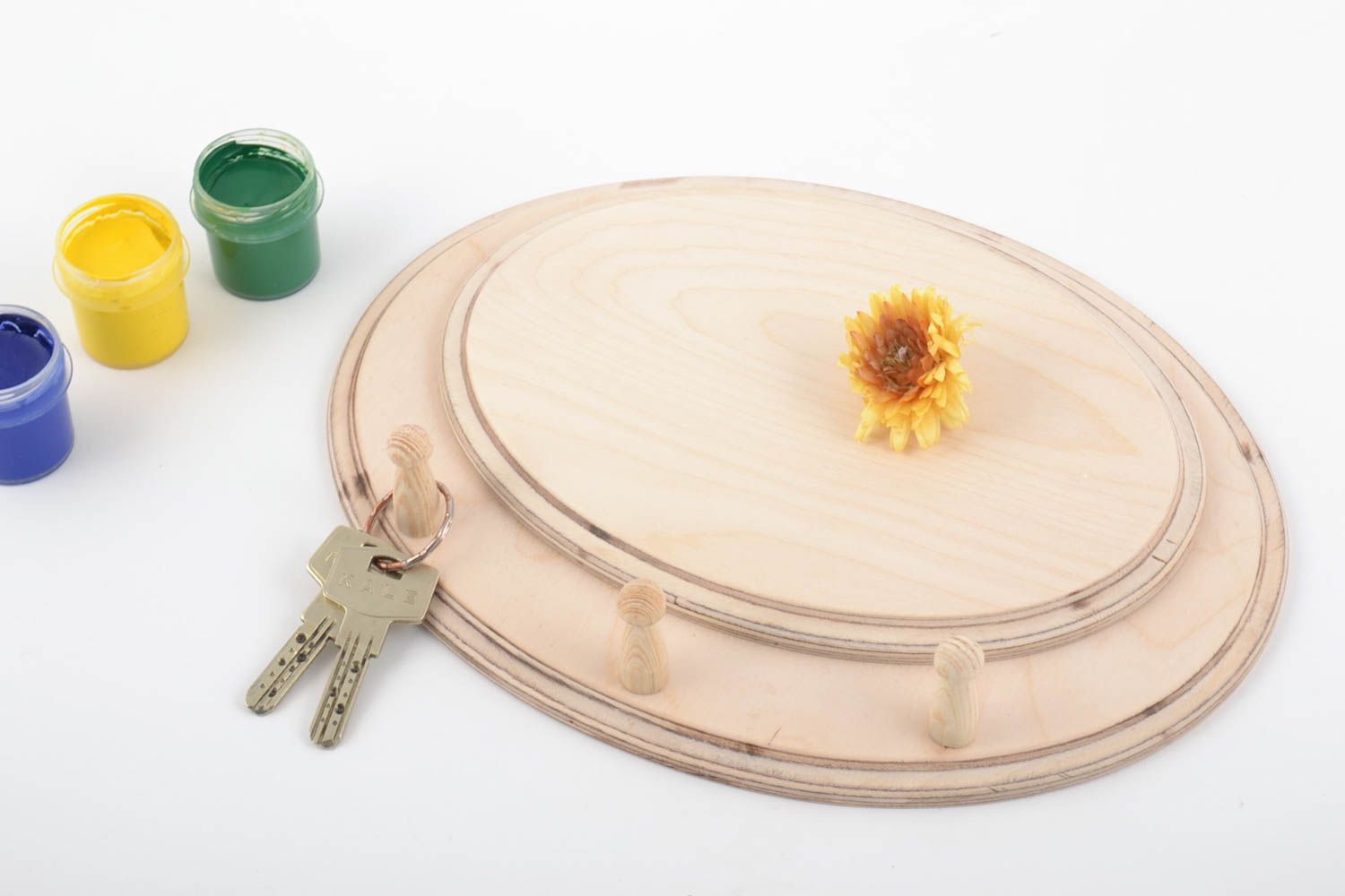 Handmade ovales Schlüsselbrett aus Holz mit drei Haken Rohling unbehandelt foto 1