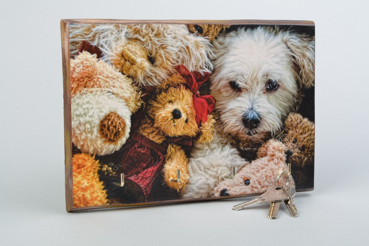 Schöner bemalter Schlüsselkasten aus Holz Decoupage für 4 Haken Hund