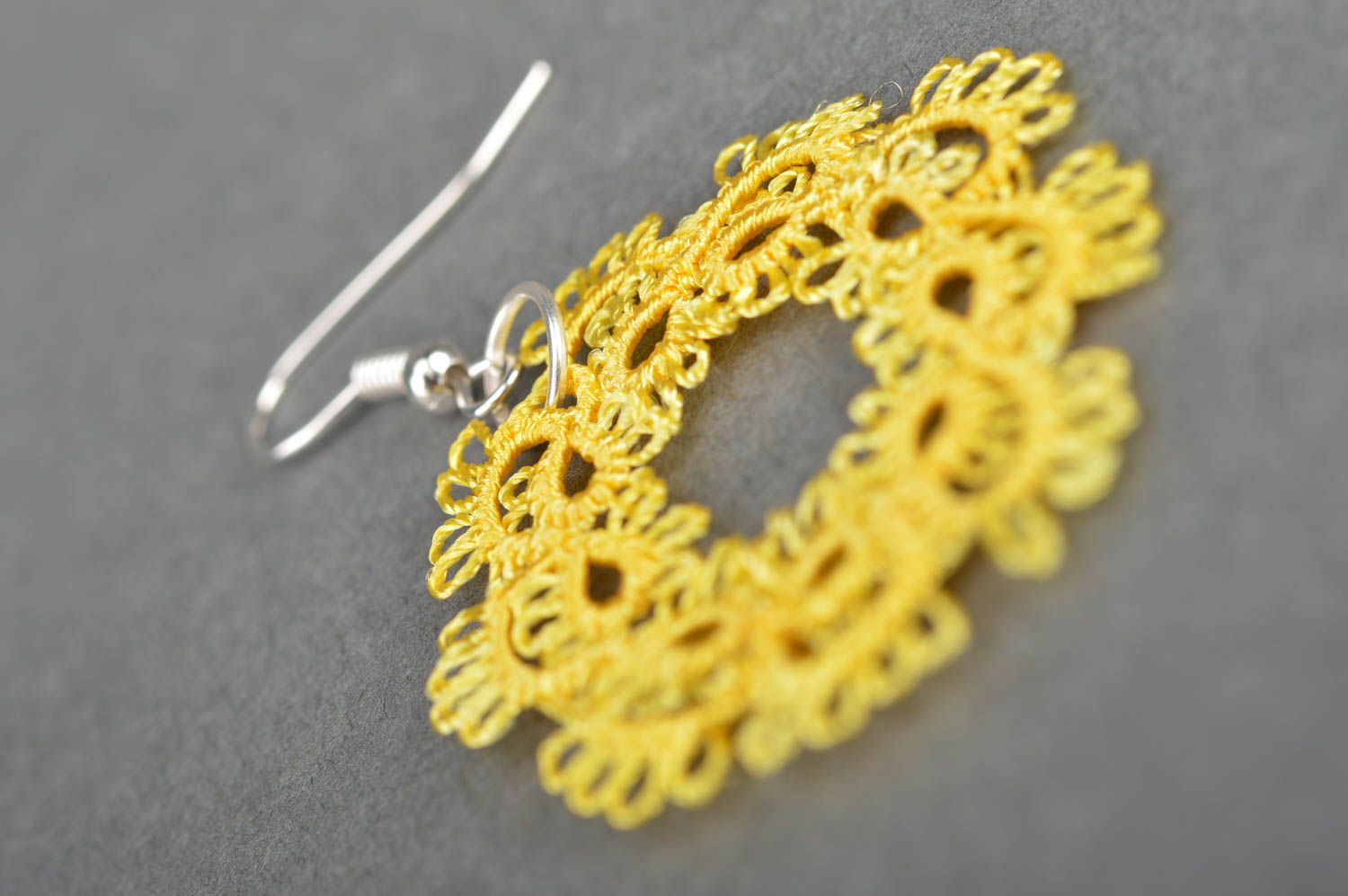Beautiful delicate yellow earrings of round shape tatting handmade jewelry photo 4