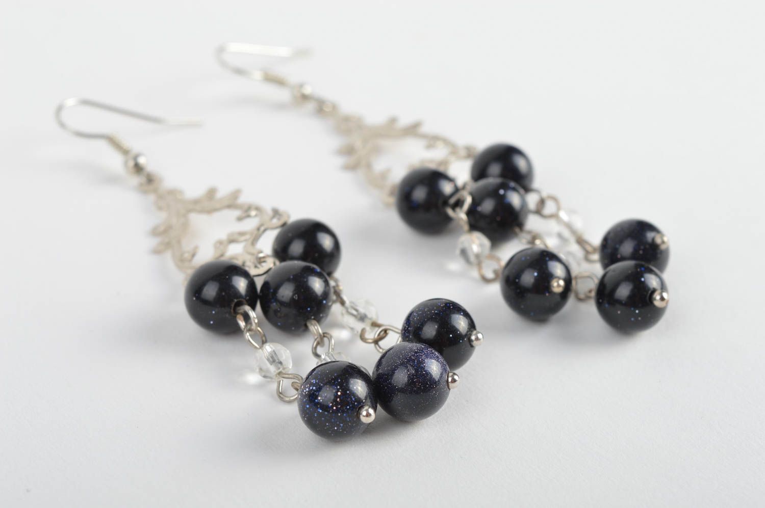 Handmade designer elegant metal earrings with black acrylic beads photo 3