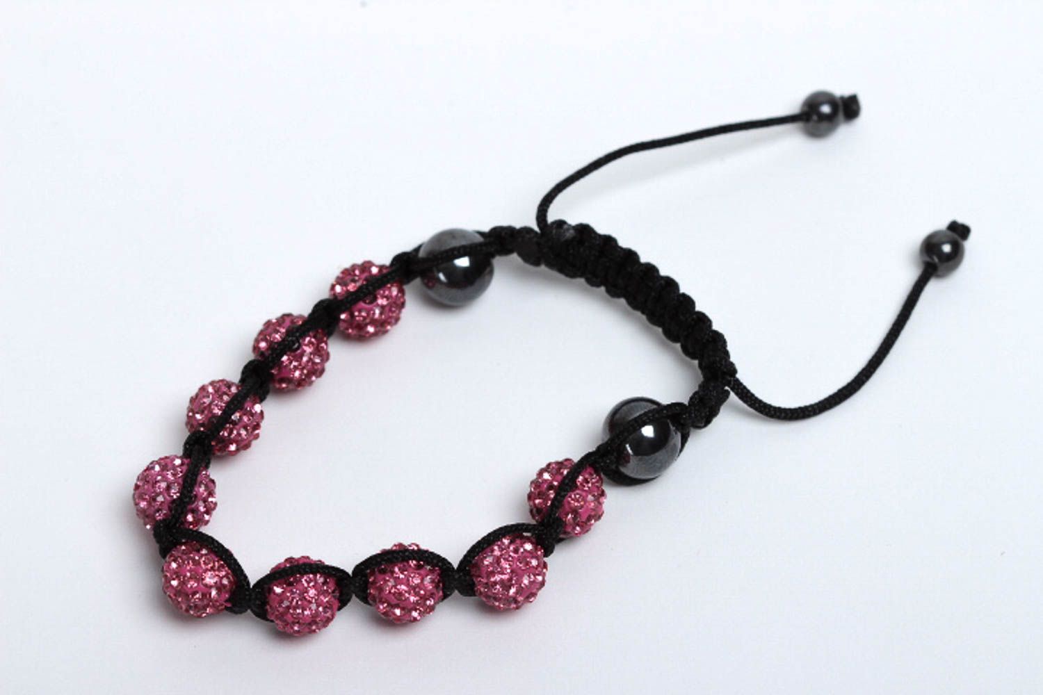 Strand pink and black beads bracelet on the black cord for women photo 2