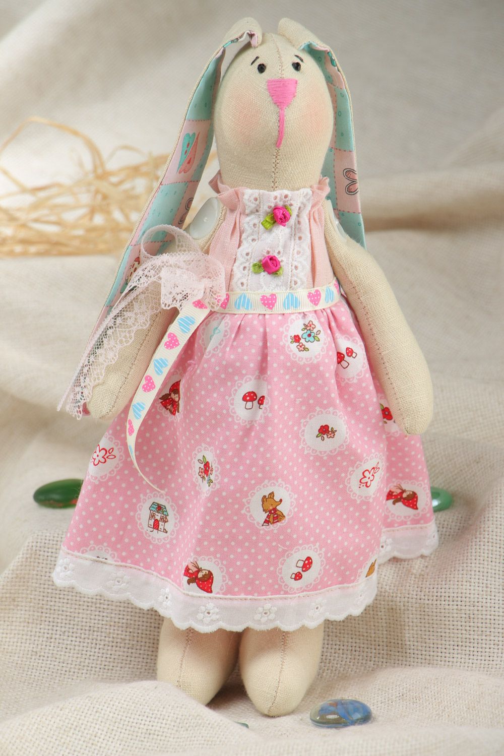 Handmade decorative soft toy sewn of cotton Rabbit in beautiful pink dress photo 1