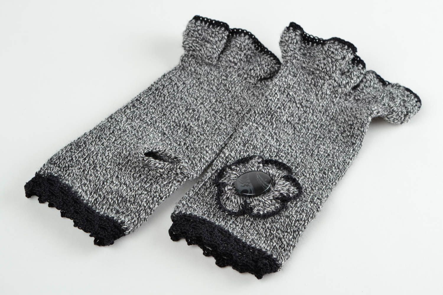 Mitaines tricot fait main Gants mitaines au crochet gris noir Accessoire femme photo 3