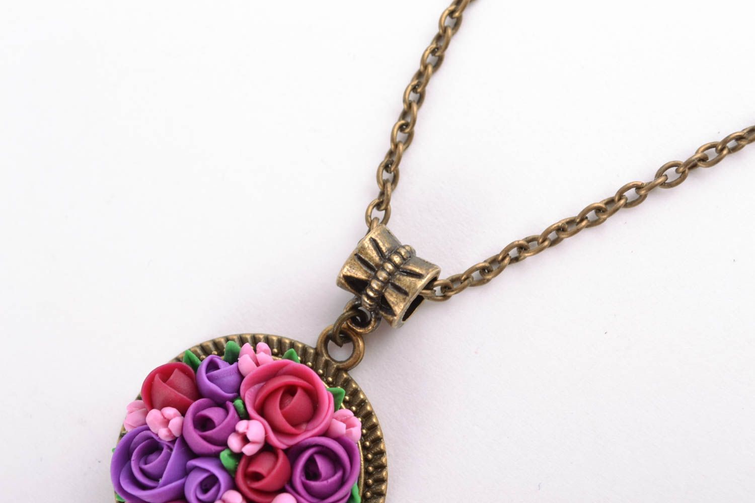 Handmade floral polymer clay pendant on chain photo 5