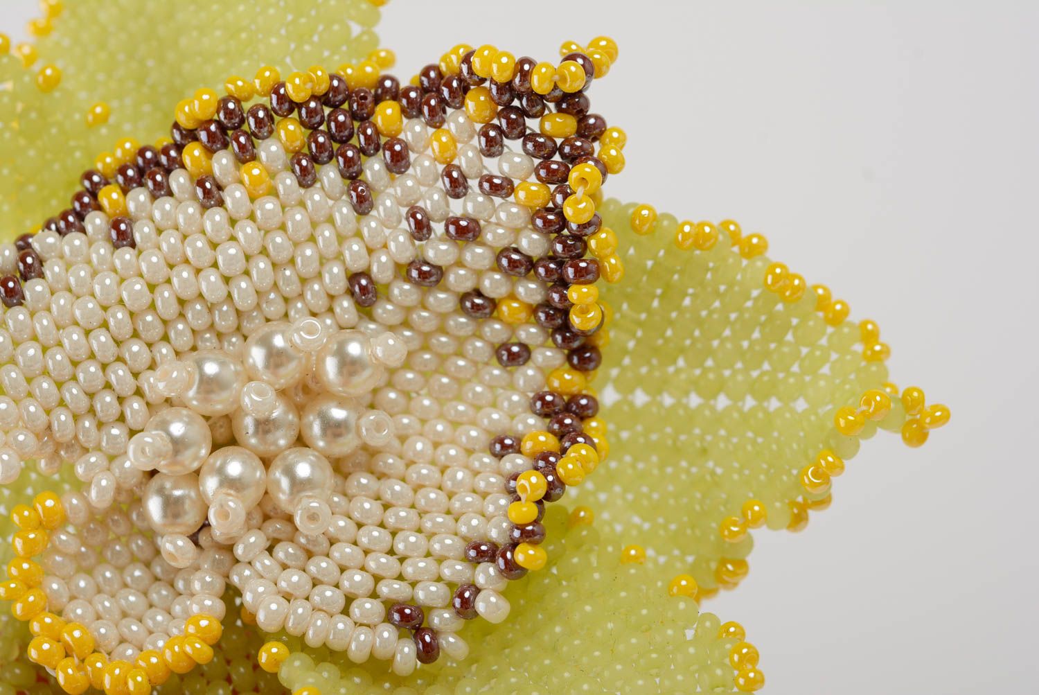 Handmade large volume bead woven brooch with pin fastener Yellow Flower on Leaf  photo 2