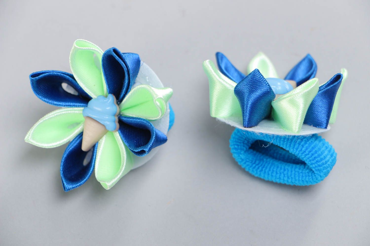 Set of 2 handmade hair ties with ribbon kanzashi flowers in blue color palettes photo 2