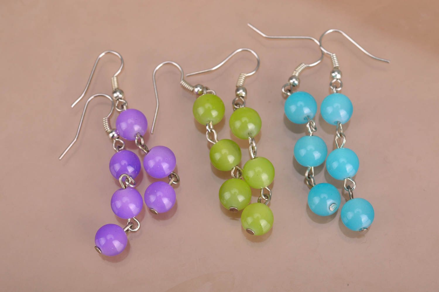 Set of 3 pairs of handmade long dangle beaded earrings green blue and violet photo 2