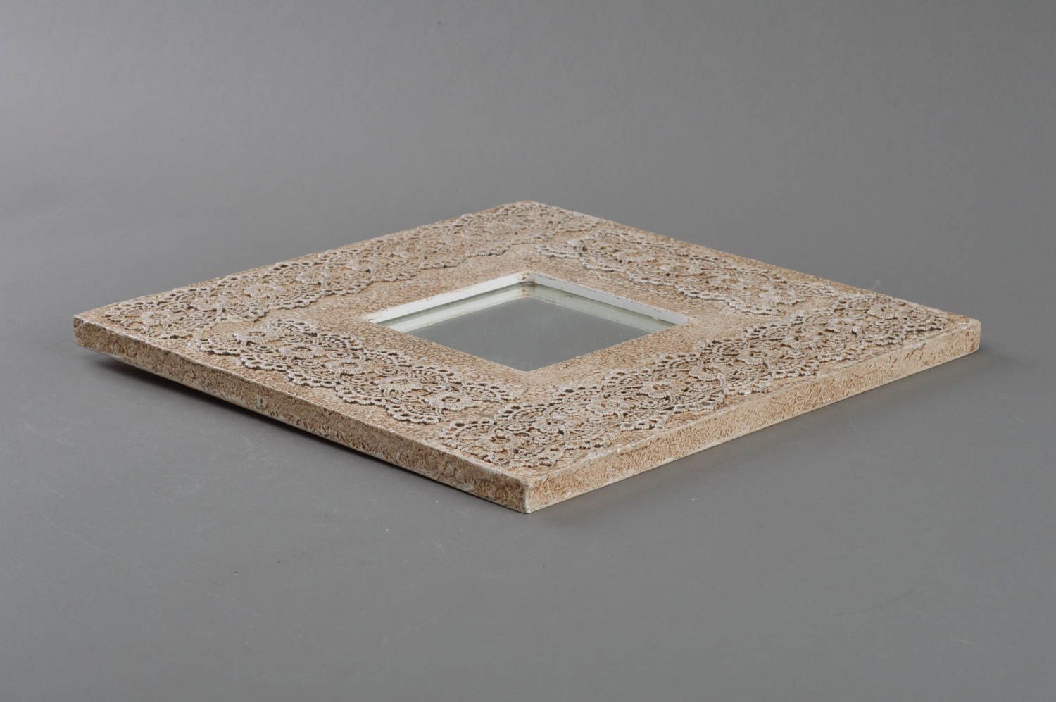 Beautiful handmade interior wall mirror in wooden frame square Sicilian lace photo 2