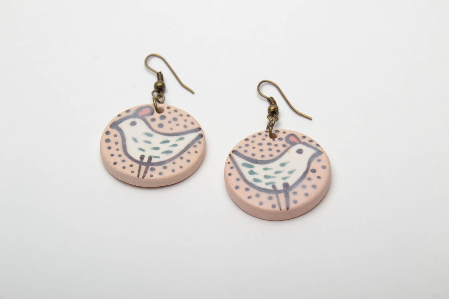 Round ceramic earrings painted with engobes and glaze photo 2