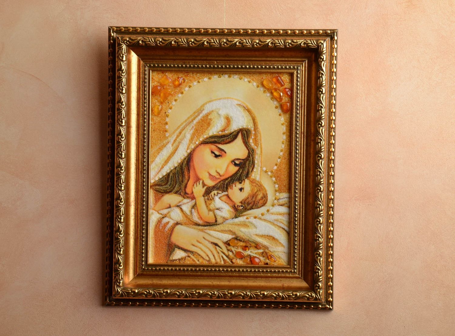 Icono ortodoxo de ámbar la Virgen con bebé foto 2