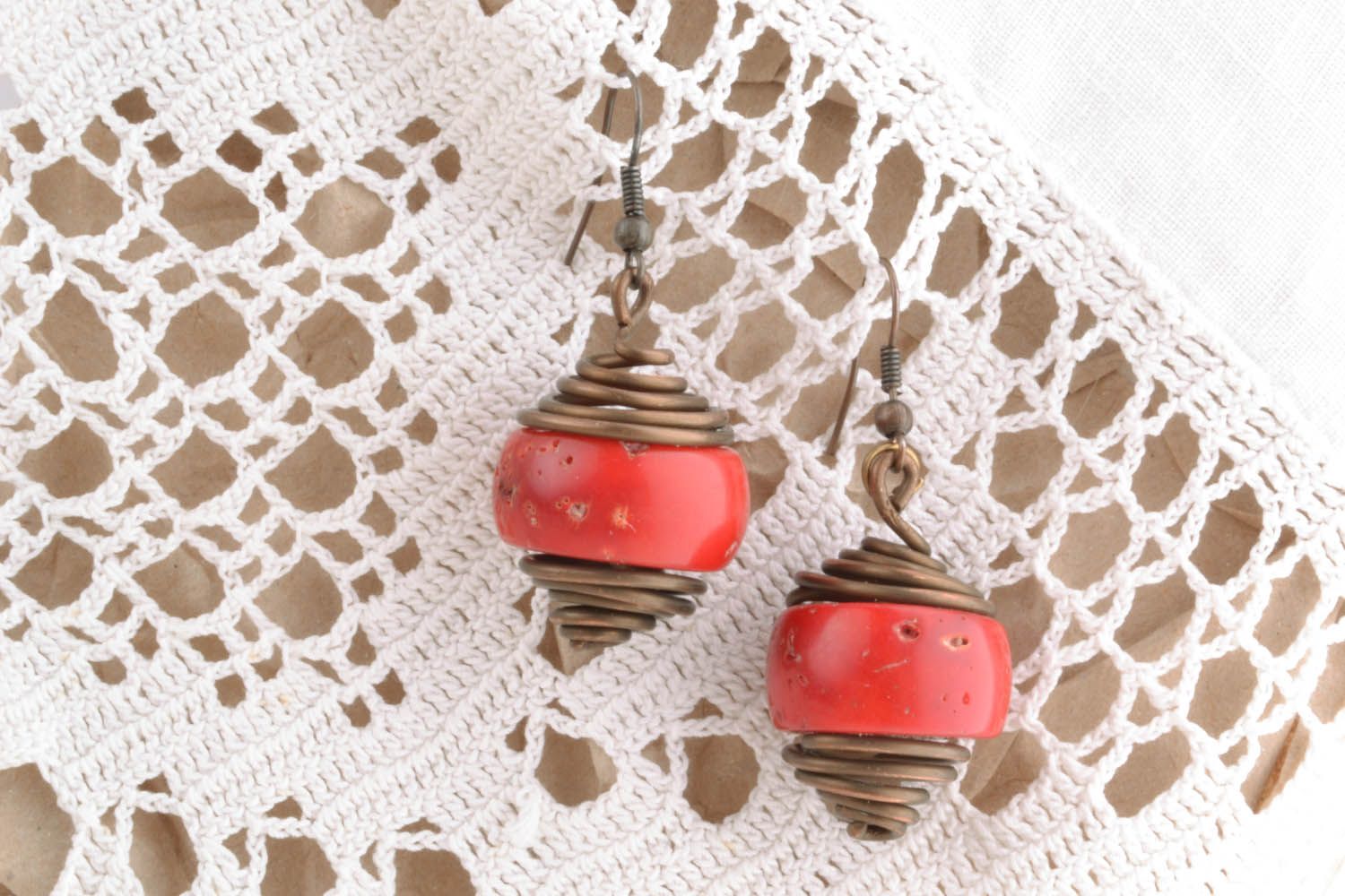 Copper earrings with coral  photo 1