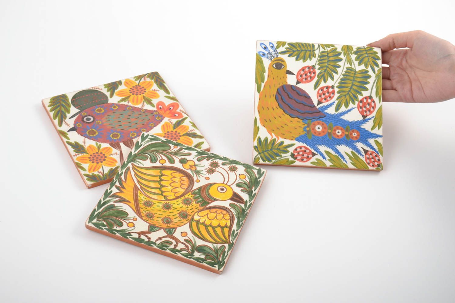 Set of 3 handmade bright decorative ceramic tiles painted with engobes Birds photo 2