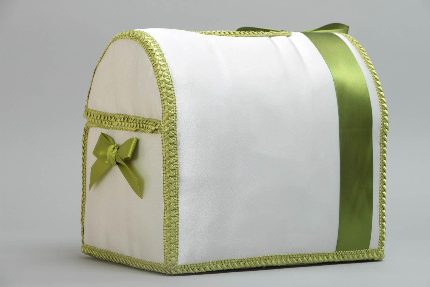 White and green large handmade decorative wedding box with ribbons photo 4