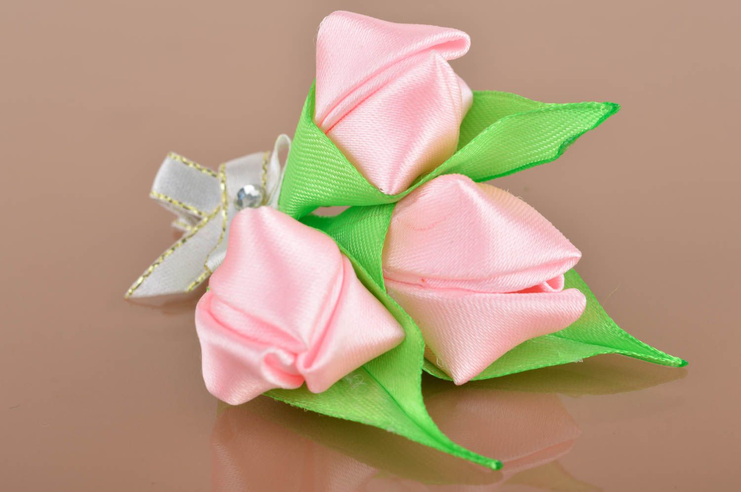 Handmade designer decorative hair clip with three pink satin kanzashi flowers  photo 1