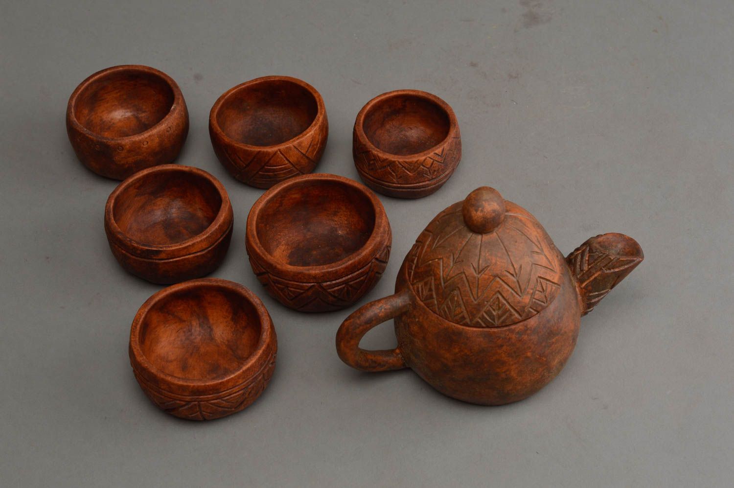 Ensemble céramique 6 petites tasses et théière originale faits main ethnique photo 3
