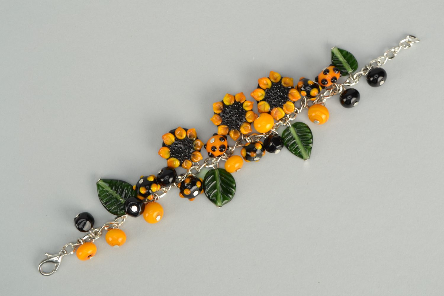 Wrist bracelet with lampwork glass beads Sunflowers photo 6