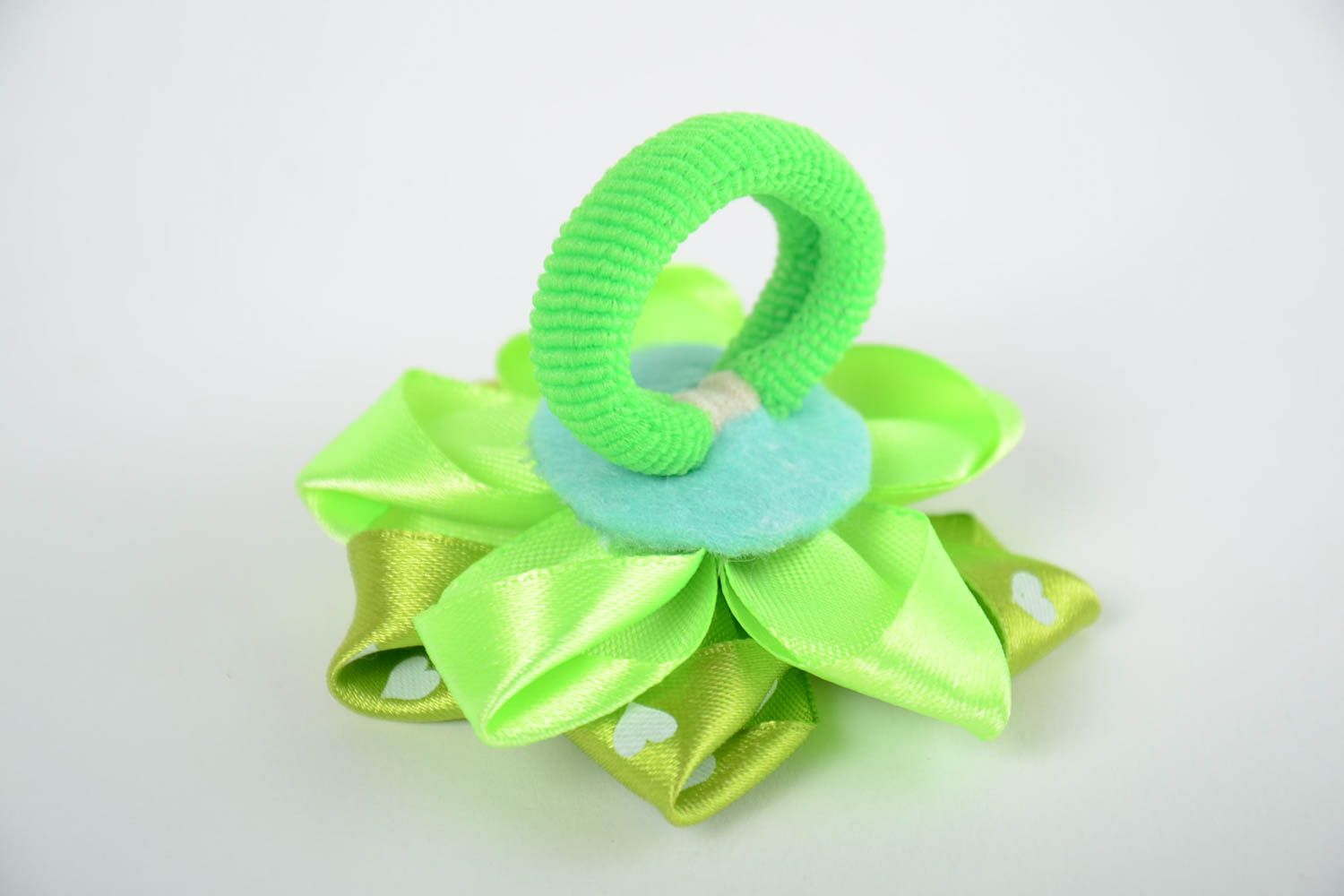 Small bright handmade designer children's textile flower hair tie of lime color photo 3